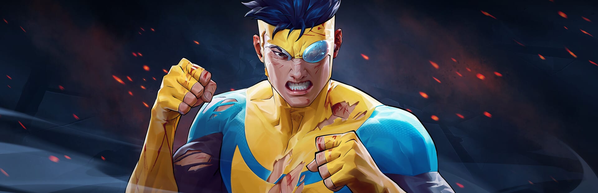 Promotional art for Invincible VS showing the hero in a yellow and blue suit, wounded, with clenched fists amid sparks on a dark background.