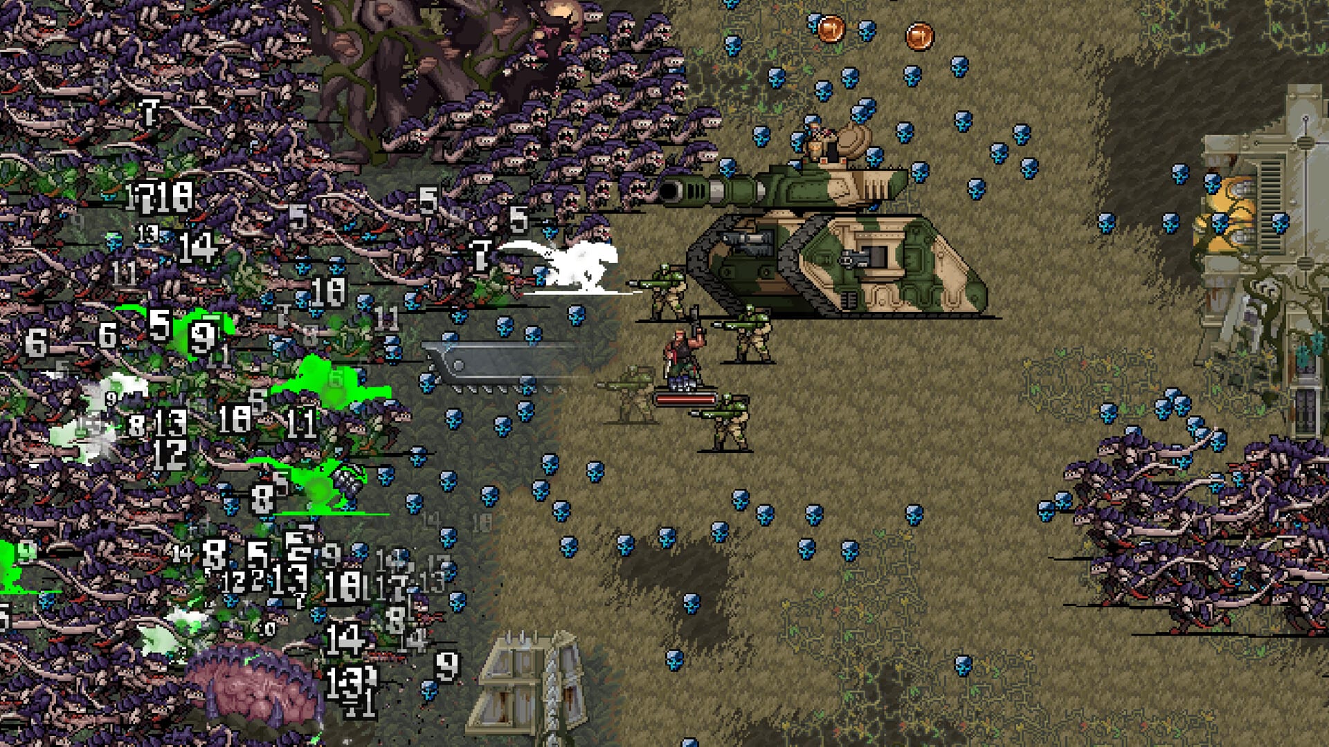 A soldier with rifles and a camouflaged tank fire at a swarm of purple creatures on sandy ground scattered with blue skulls.