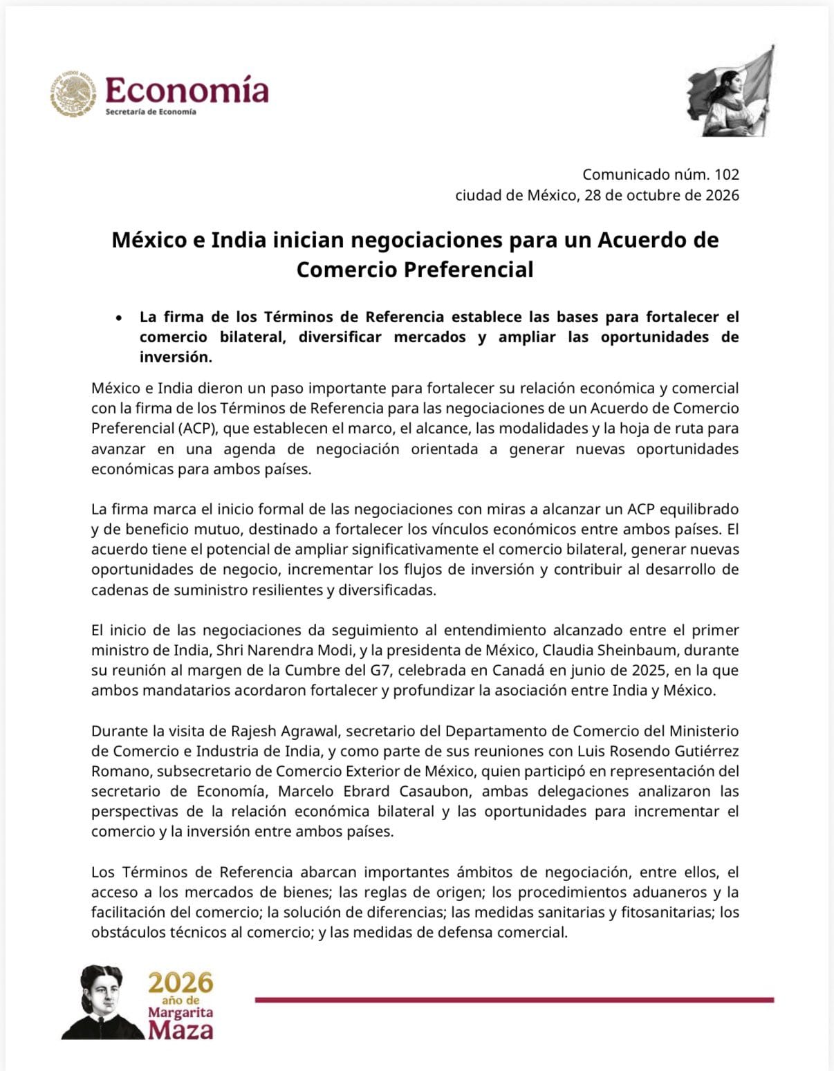 Economy Ministry press release 102: Mexico and India begin negotiating a Preferential Trade Agreement; the signed Terms of Reference set the basis for bilateral trade.