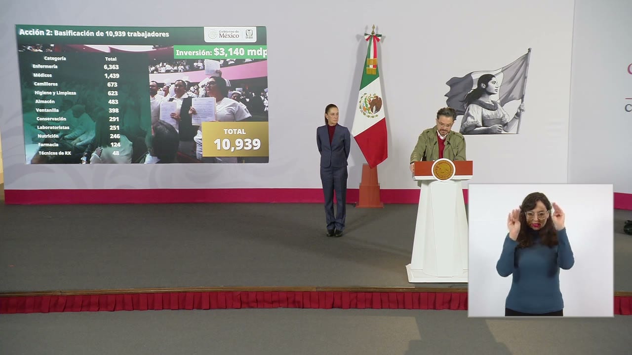 Lámina en la pantalla detrás del atril titulada «Acción 2: Basificación de 10,939 trabajadores», con una tabla de categorías y totales: Enfermería 6,363, Médicos 1,439, Camilleros 673, Higiene y Limpieza 623, Almacén 483, Ventanilla 398, Conservación 291, Laboratoristas 251, Nutrición 246, Farmacia 124 y Técnicos de RX 48. Muestra «Inversión: $3,140 mdp» y «Total 10,939».