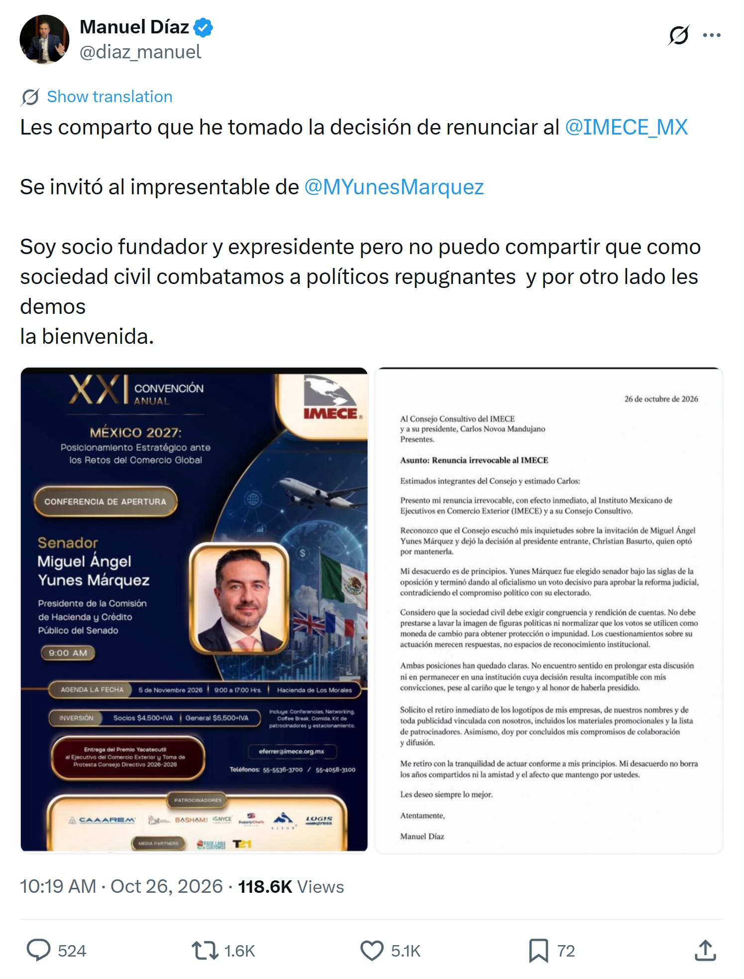 Captura del tuit de Manuel Díaz con el cartel de la convención del IMECE a la izquierda y la carta de renuncia a la derecha.