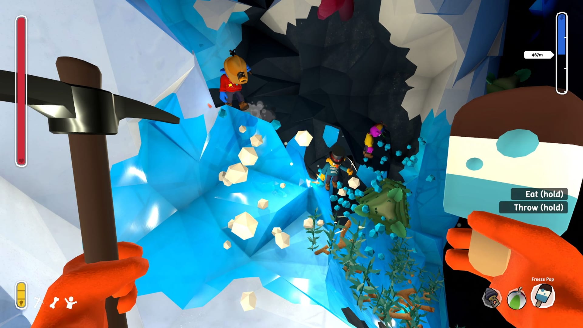 First-person screenshot: an orange hand holds a pickaxe in front of a blue ice wall as three characters descend through the cave.