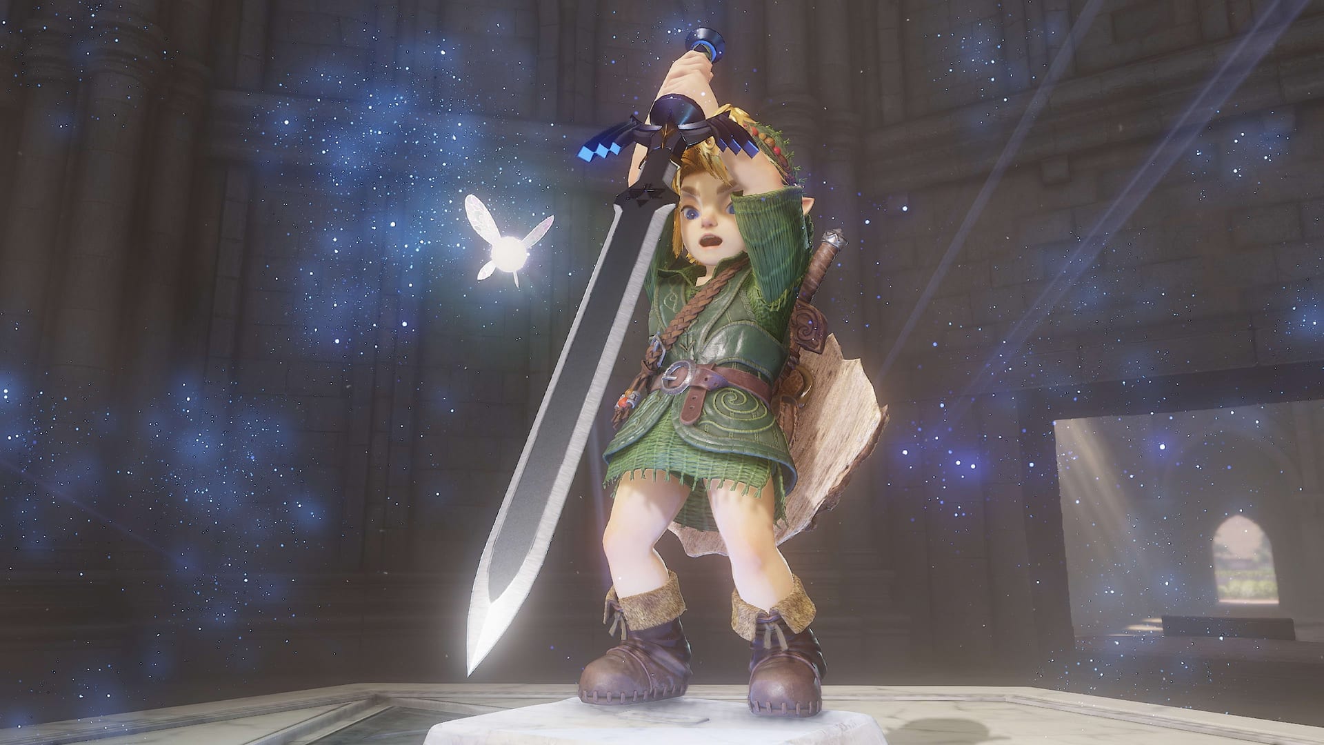 Young Link holds the Master Sword high above its stone pedestal while the fairy Navi glows beside him under a starry sky.