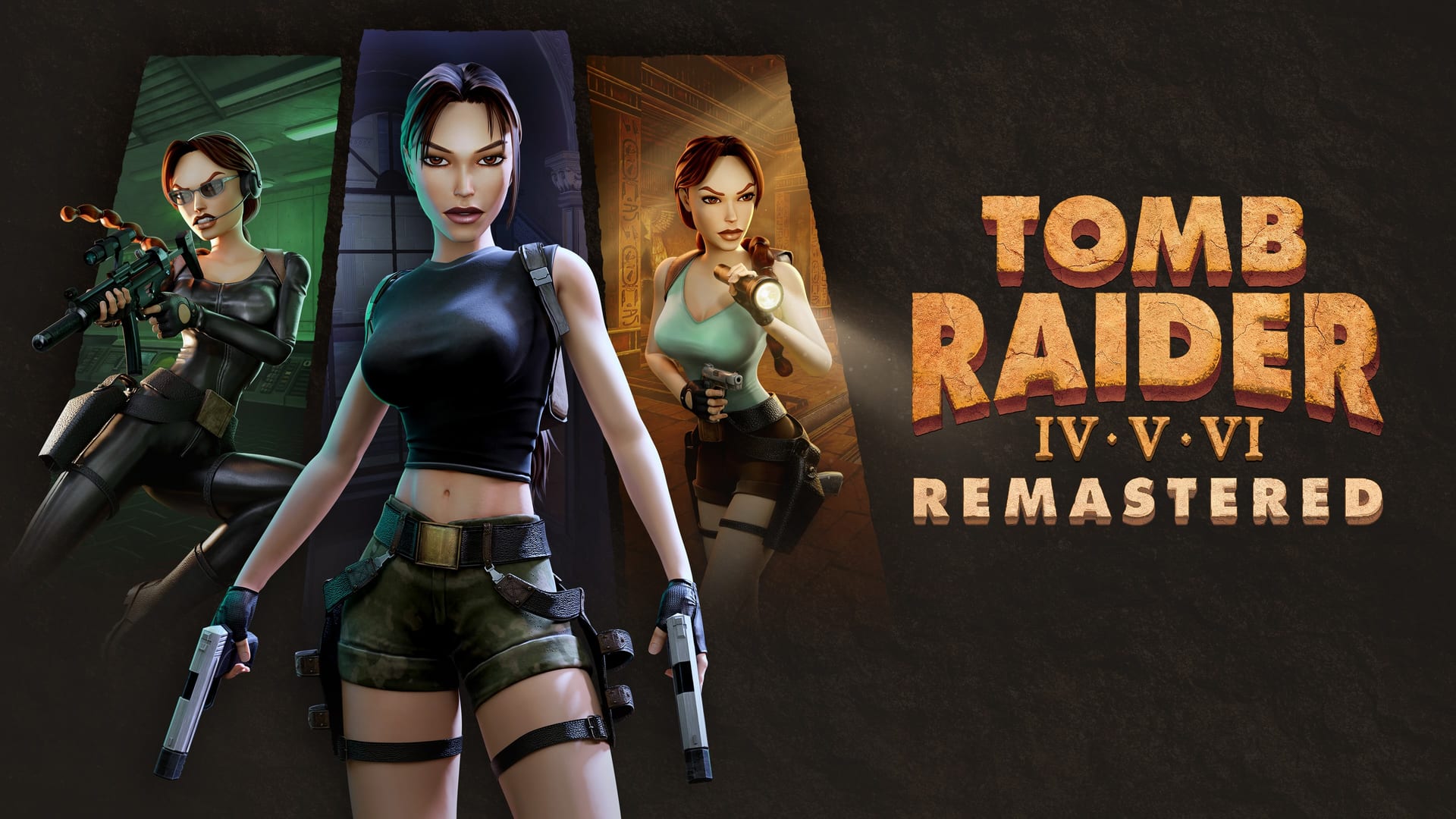 Arte de Tomb Raider IV-VI Remastered con tres versiones de Lara Croft sobre fondo oscuro y el logotipo de la colección.