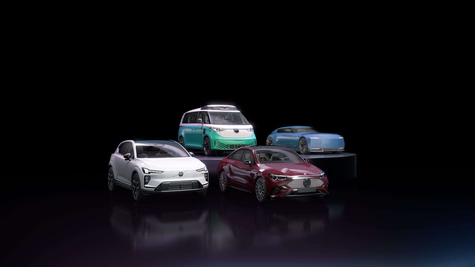 Cuatro autos sobre fondo negro: un SUV blanco, una van verde menta, un sedán rojo y un deportivo azul sobre un pedestal.