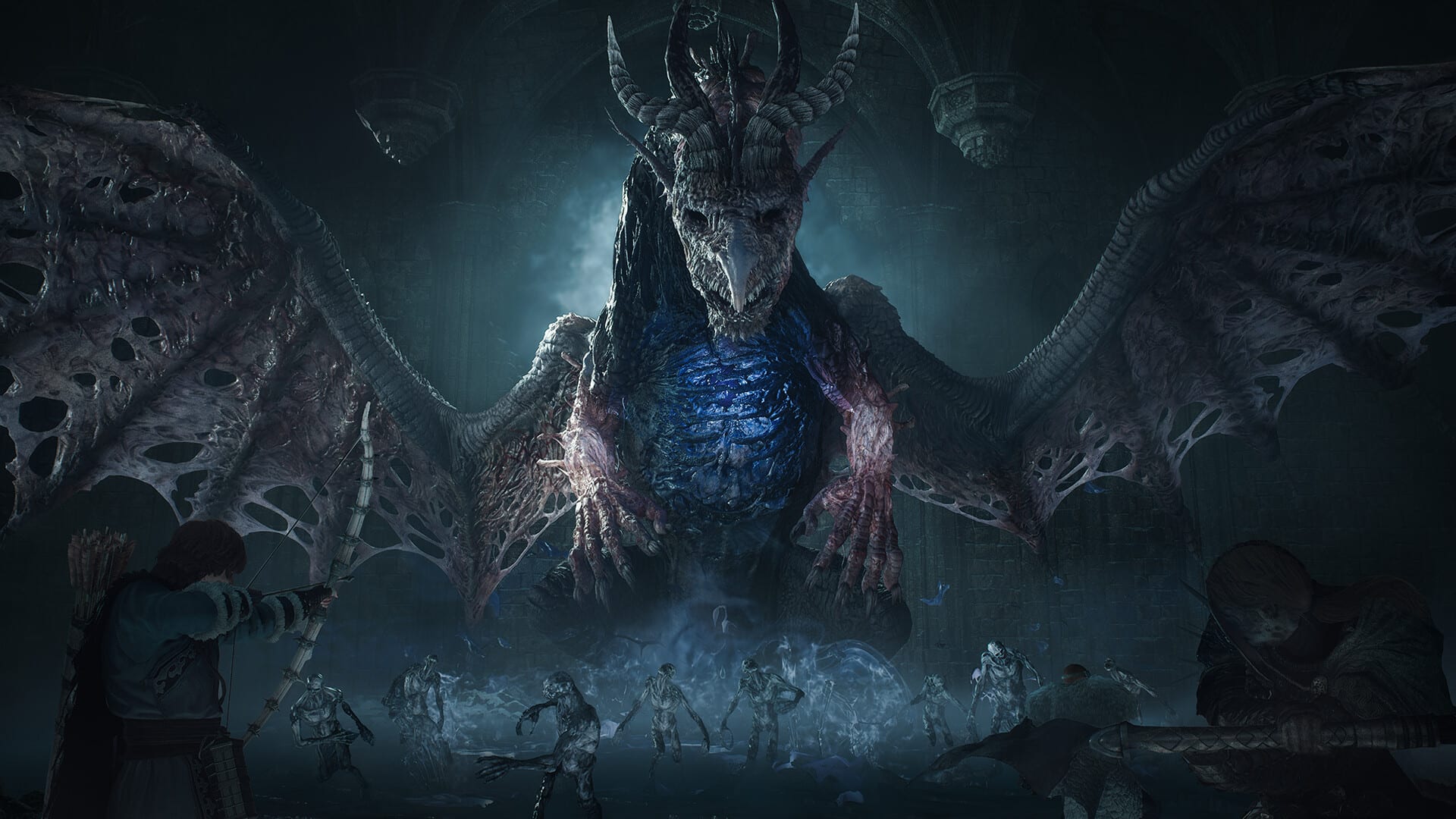A dragon with torn wings and a glowing blue chest rises in a dark hall before an archer and several skeletons advancing through the mist.