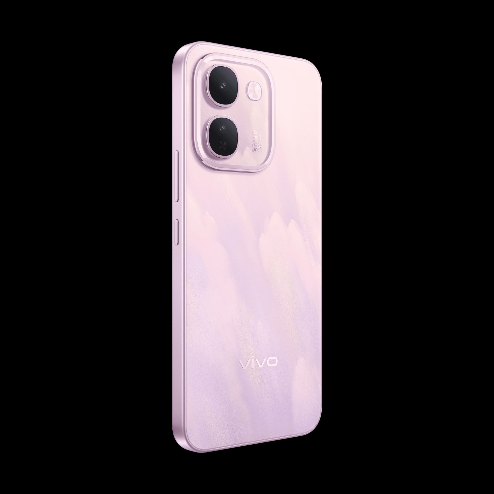 Back of a pink phone with a square camera module holding two lenses and the vivo logo, seen at an angle.