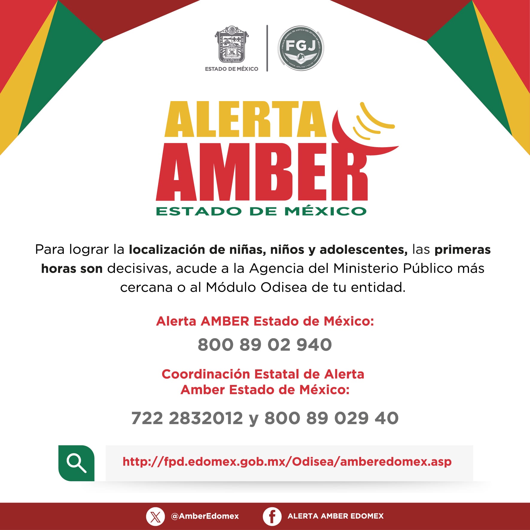 Cartel de la Alerta Amber Estado de México: pide acudir al Ministerio Público más cercano o al Módulo Odisea, y lista los teléfonos 800 89 02 940 y 722 2832012, más las cuentas @AmberEdomex en X y Alerta Amber Edomex en Facebook.