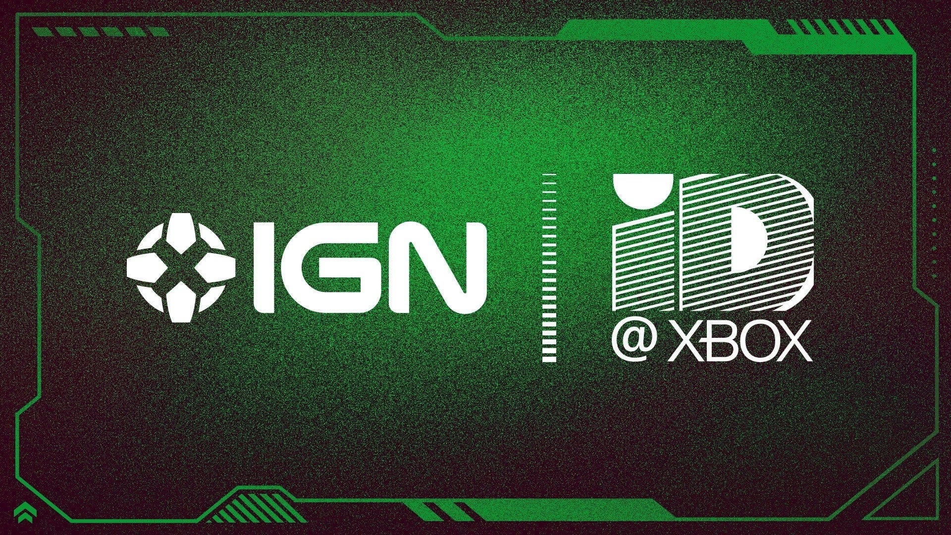 Logotipos de IGN y de ID@Xbox sobre un fondo verde oscuro con marco de circuito.