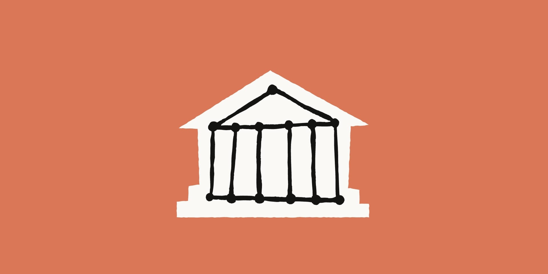 Ilustración de un edificio de columnas y frontón dibujado con líneas negras y puntos de unión, en blanco sobre un fondo color terracota.