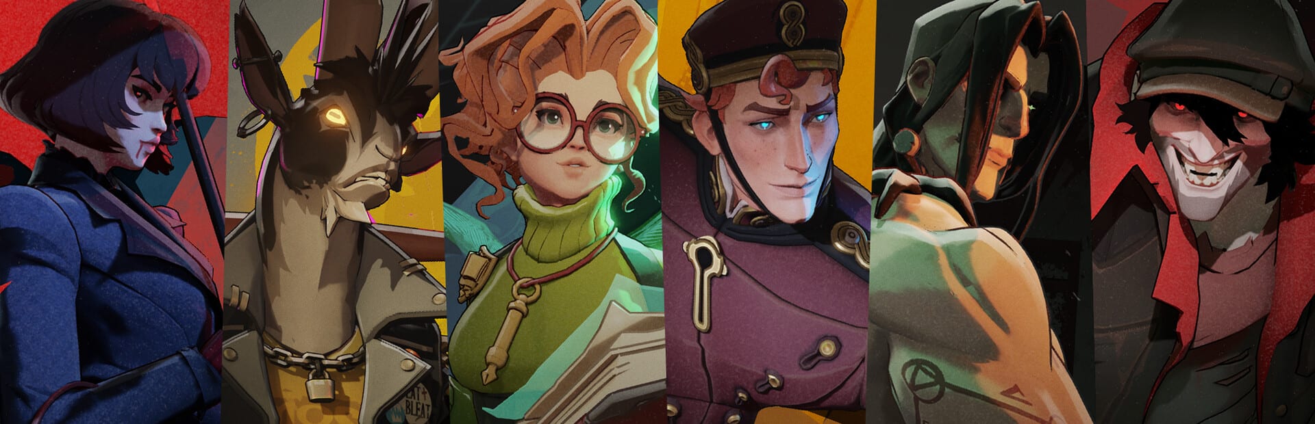 Seis héroes de Deadlock en retratos verticales de estilo ilustrado, entre ellos un burro con ojo brillante y un hombre de gorra con sonrisa amplia.