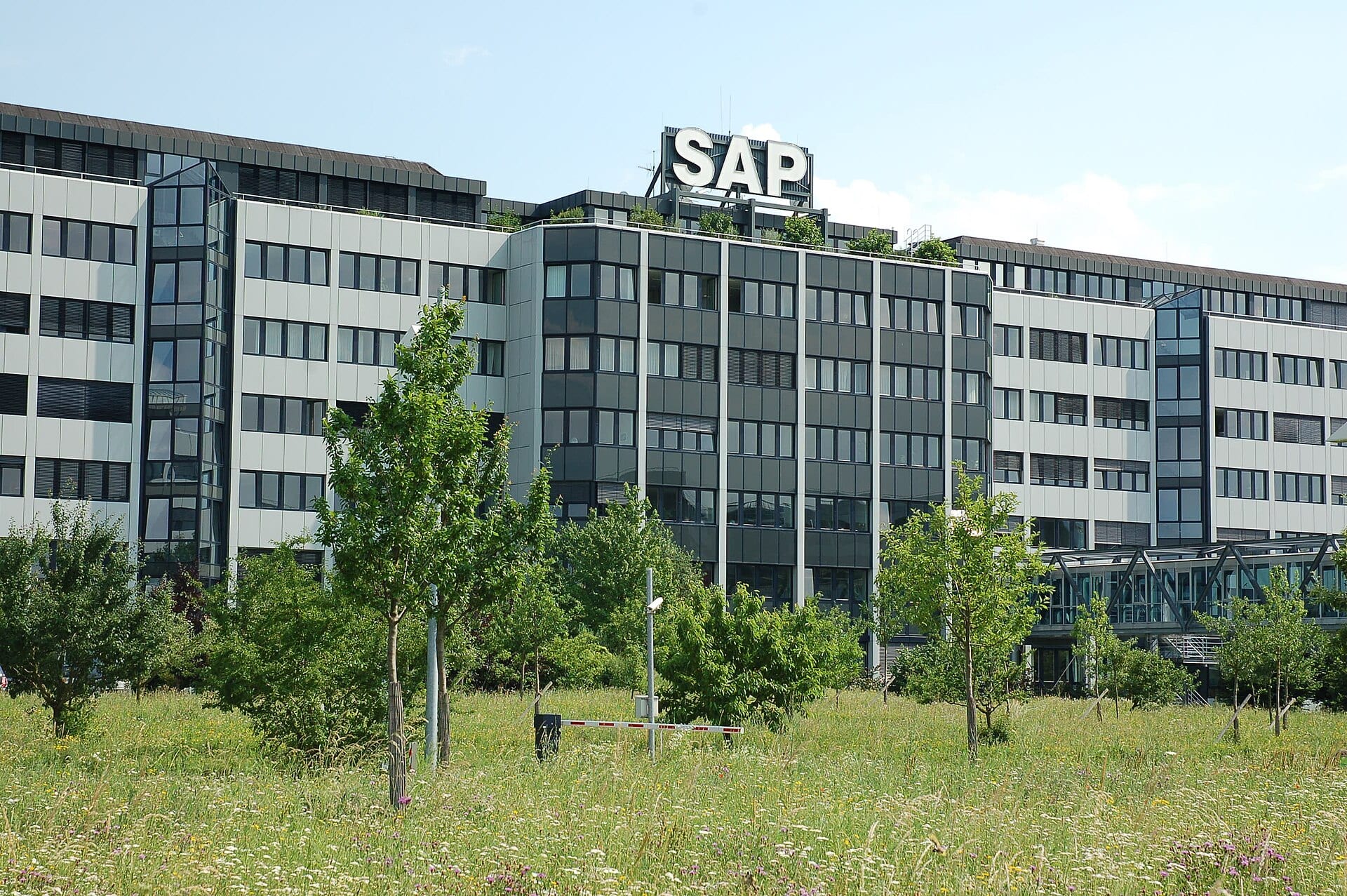 A multi-story office building with the letters SAP on its roof, behind a meadow with young trees.
