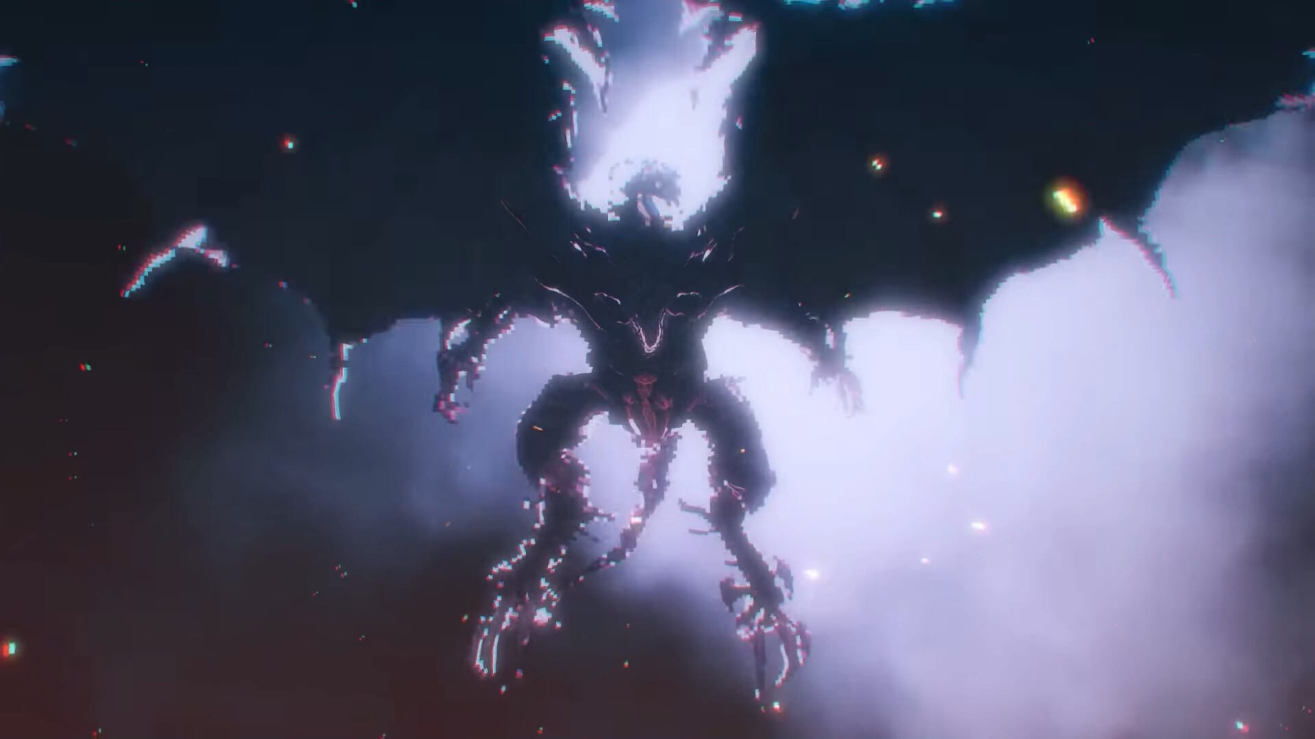 A winged monster built from pixelated silhouettes and long claws emerges from white smoke, with red sparks against a dark blue background.