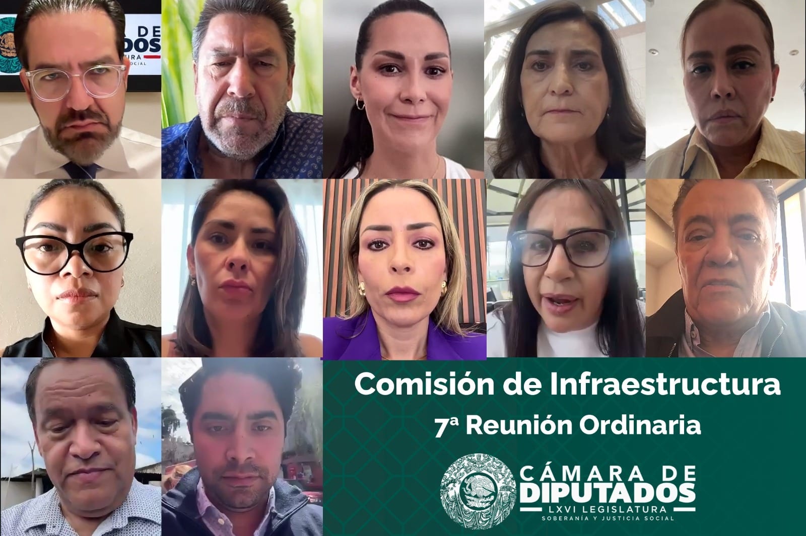 Doce legisladores en recuadros de videollamada junto a un panel verde que dice Comisión de Infraestructura, 7a Reunión Ordinaria, Cámara de Diputados.