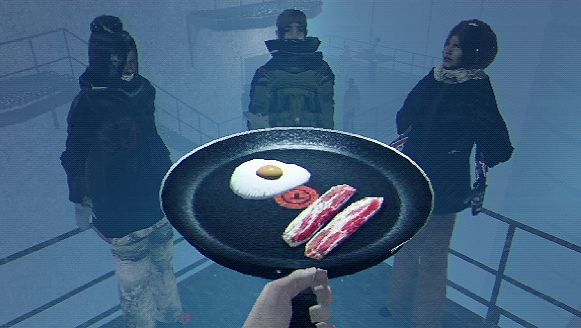 Captura de Arctic Eggs: una sartén con huevo y tocino frente a tres figuras con abrigos en la niebla.
