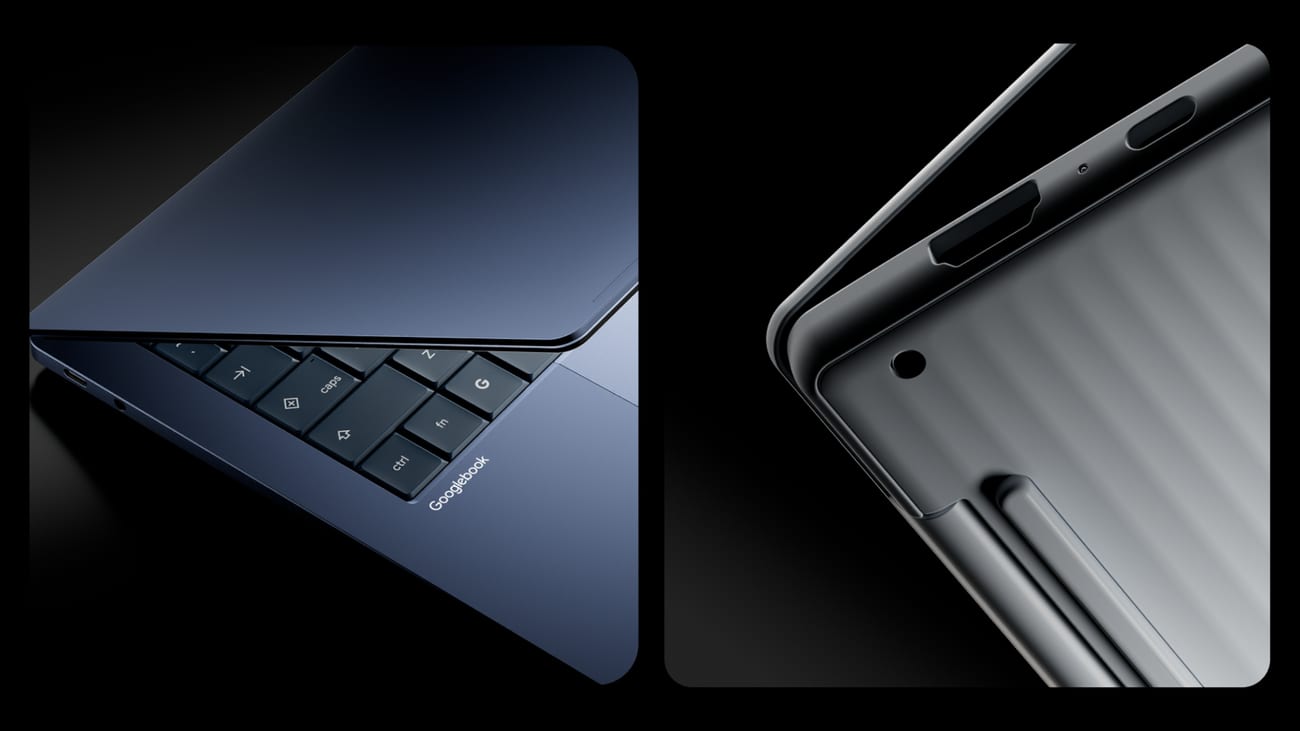 Dos acercamientos a una laptop Googlebook, uno del teclado con el logo grabado junto al trackpad y otro del borde metálico con sus puertos.