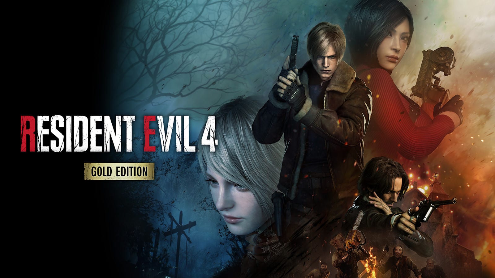 Arte de Resident Evil 4 Gold Edition con Leon armado en primer plano, Ada Wong, Ashley y un aldeano con motosierra entre llamas.