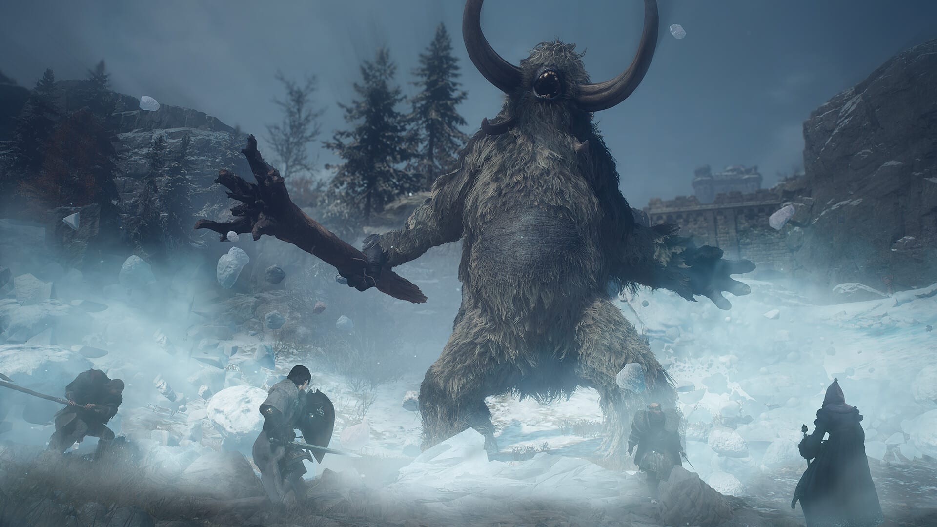 Un grupo de cuatro aventureros se enfrenta en un campo nevado a una criatura peluda gigante de un solo cuerno circular, que empuña un tronco entre rocas y niebla.