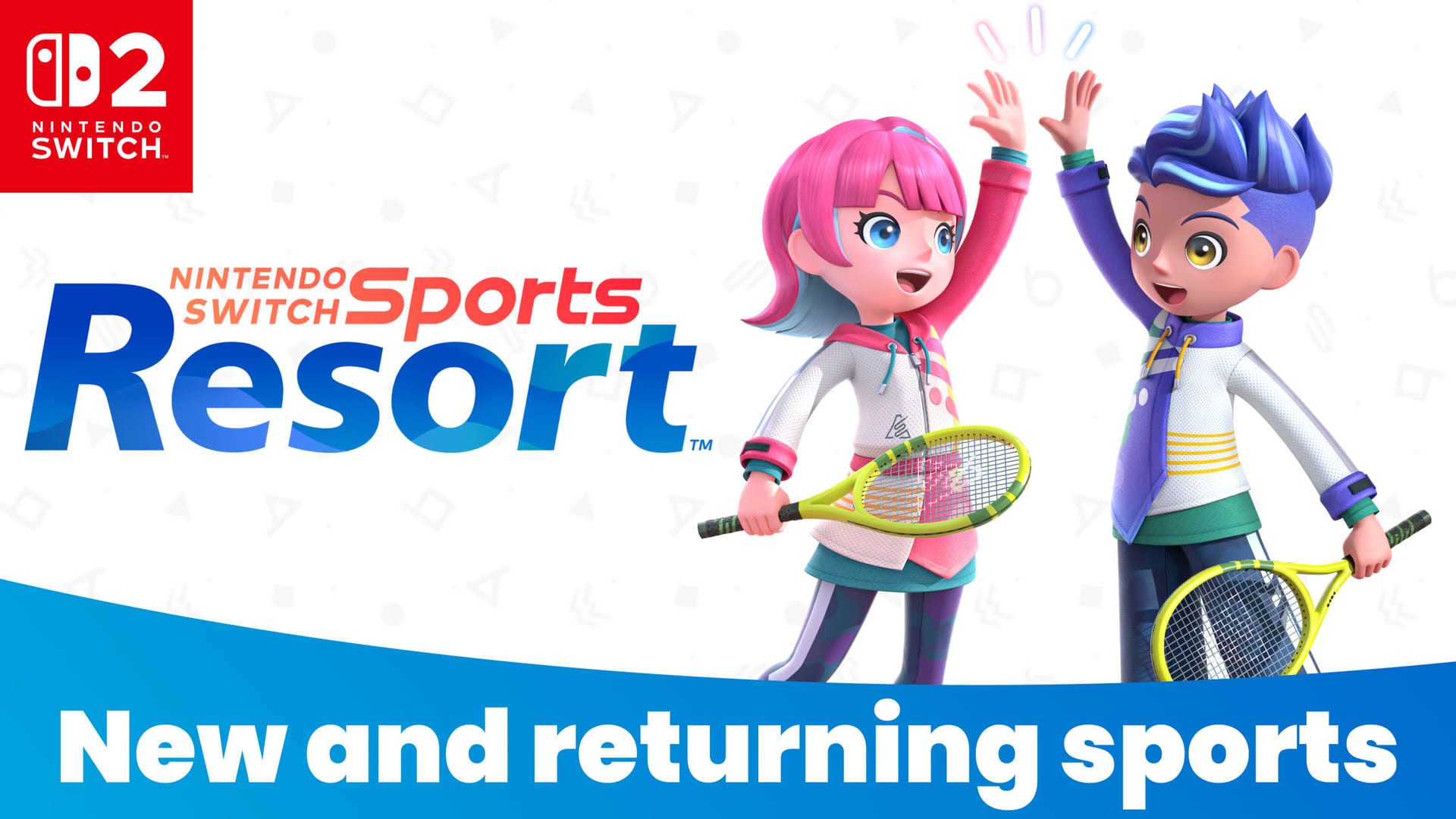 Two Mii characters holding yellow tennis rackets high-five in front of the Nintendo Switch Sports Resort logo.