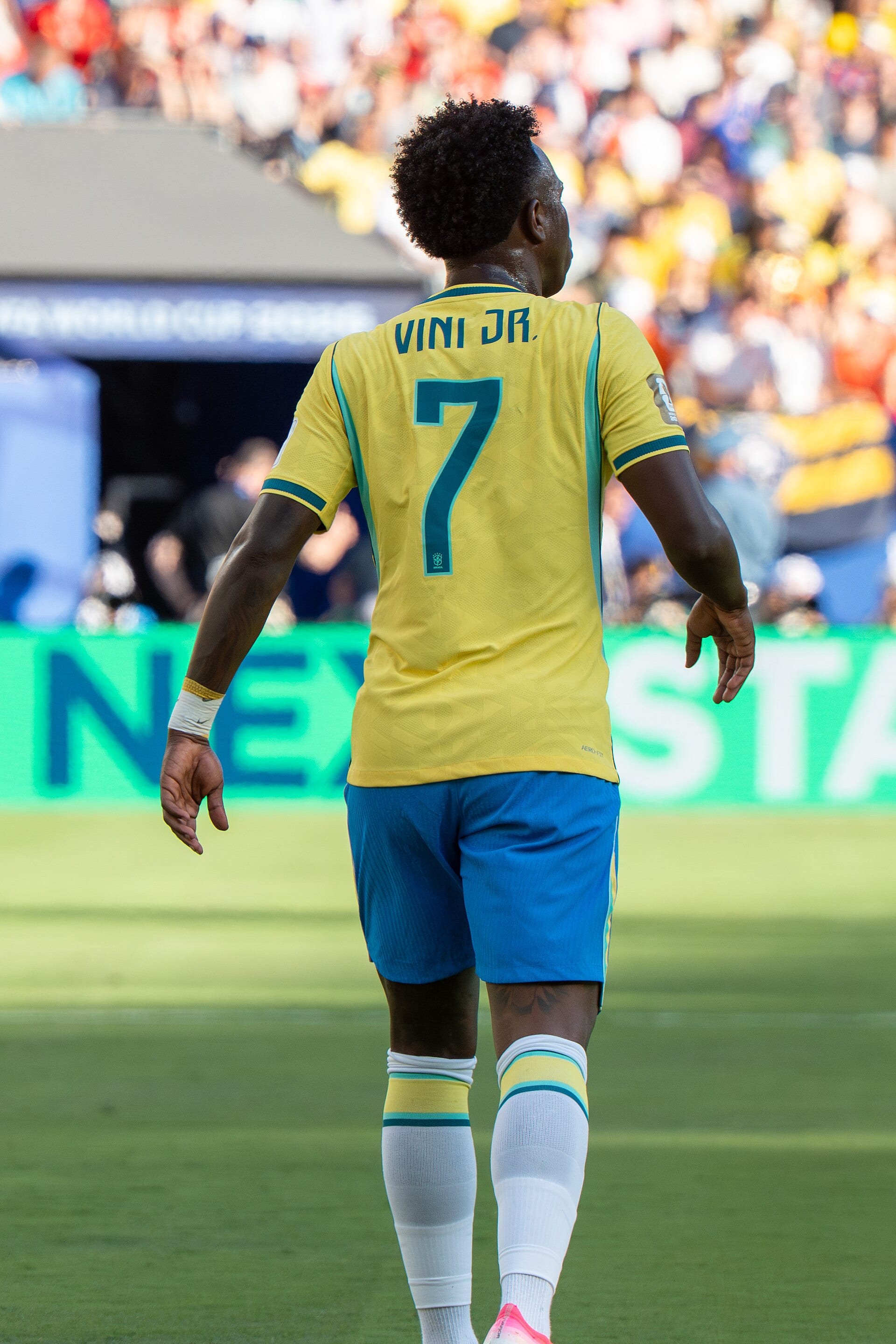 Seen from behind, Vinícius Júnior walks across the grass in Brazil's yellow shirt, number 7, with a stand behind him.