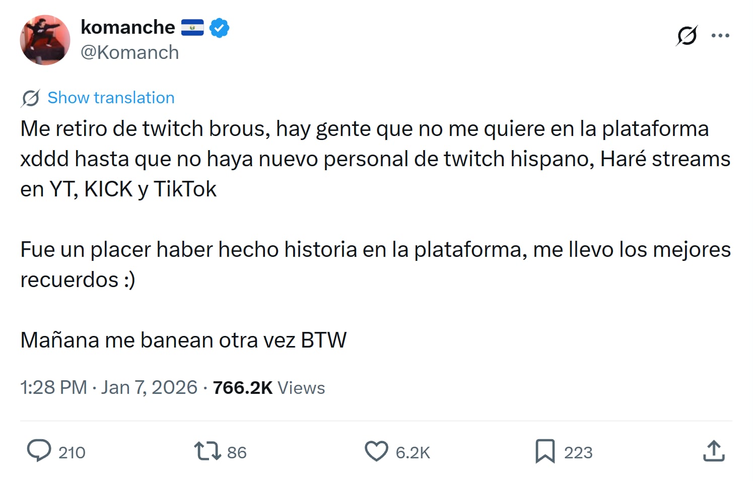 Publicación de El Komanche en X: "Me retiro de twitch brous, hay gente que no me quiere en la plataforma", y anuncia que hará streams en YouTube, Kick y TikTok.