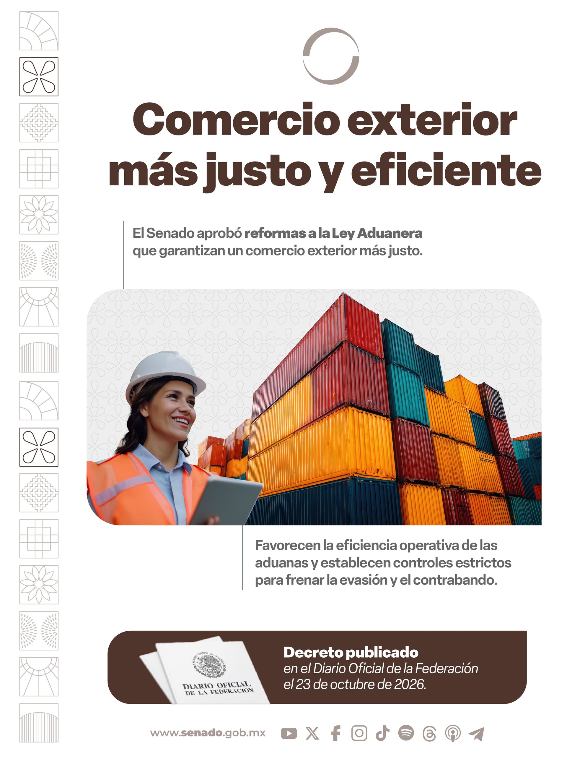 Lámina del Senado titulada "Comercio exterior más justo y eficiente", con contenedores apilados y el aviso de que el decreto se publicó en el Diario Oficial el 23 de octubre de 2026.