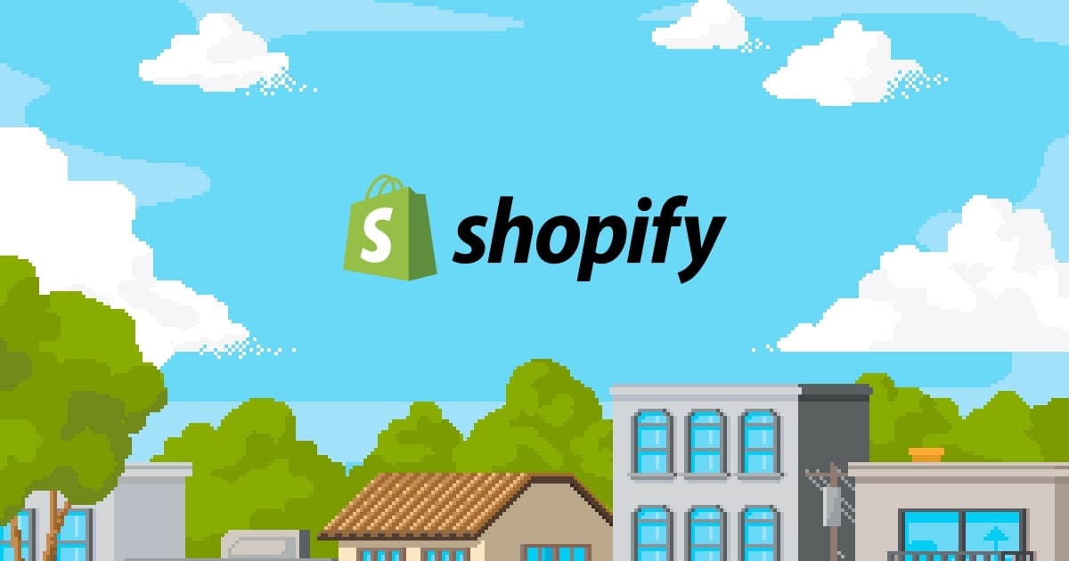 Ilustración de pixeles con casas y árboles bajo un cielo azul, con el logotipo de Shopify al centro.