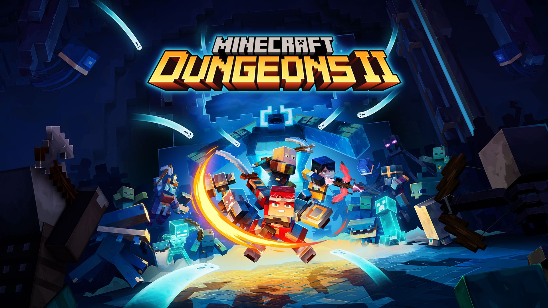 Logotipo de Minecraft Dungeons II sobre un grupo de héroes de bloques que atacan con un tajo dorado a esqueletos y zombis en una cueva azul.