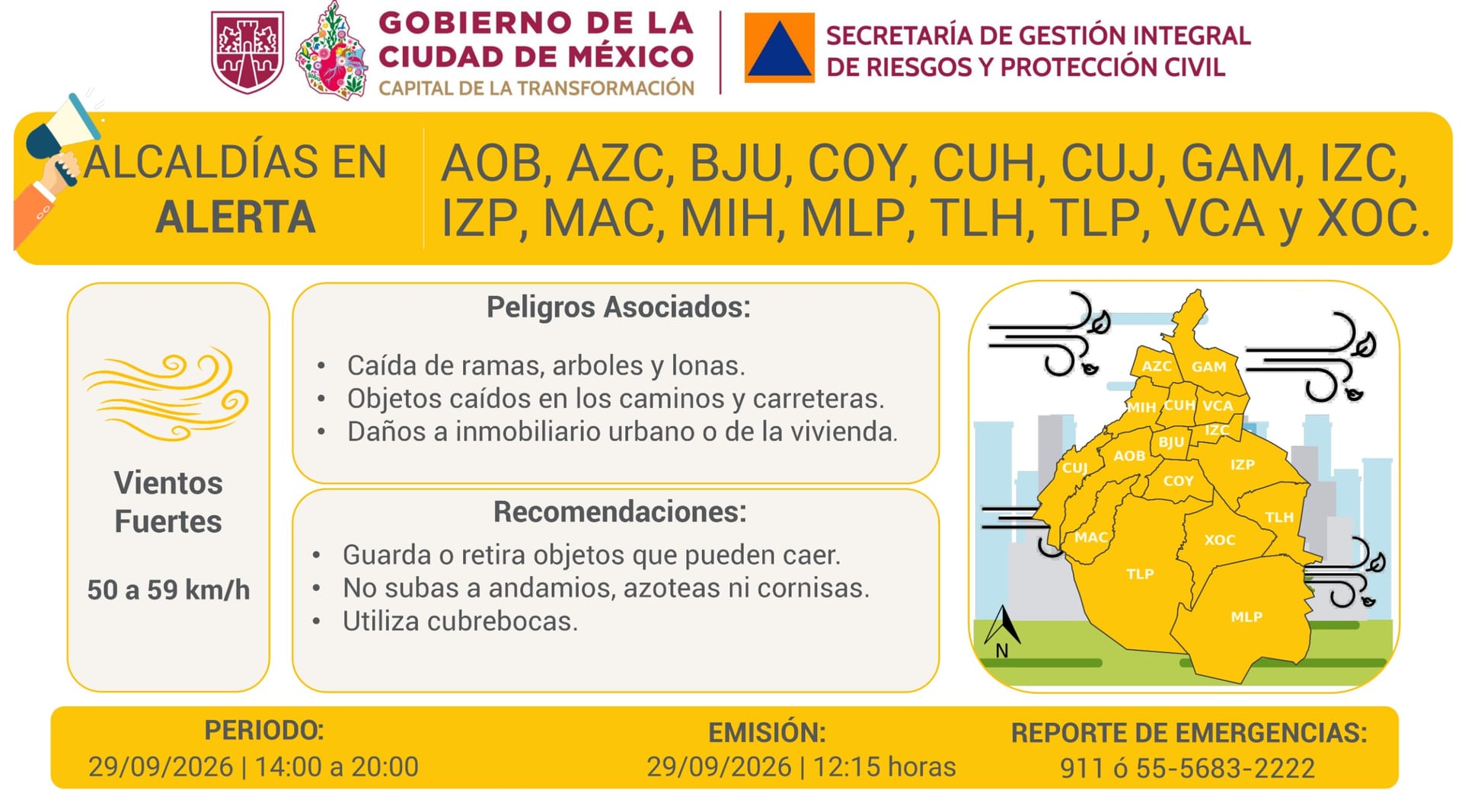 Infografía amarilla con las siglas de las 16 alcaldías en alerta, un mapa de la ciudad, vientos de 50 a 59 km/h, periodo de 14:00 a 20:00 y emisión a las 12:15 horas.
