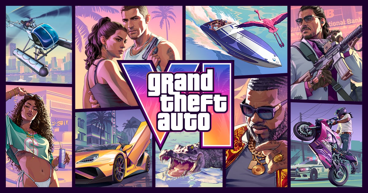 Colaje de arte oficial de Grand Theft Auto VI con Jason y Lucia al centro, rodeados de viñetas de un helicóptero, una lancha, un auto deportivo y un cocodrilo.