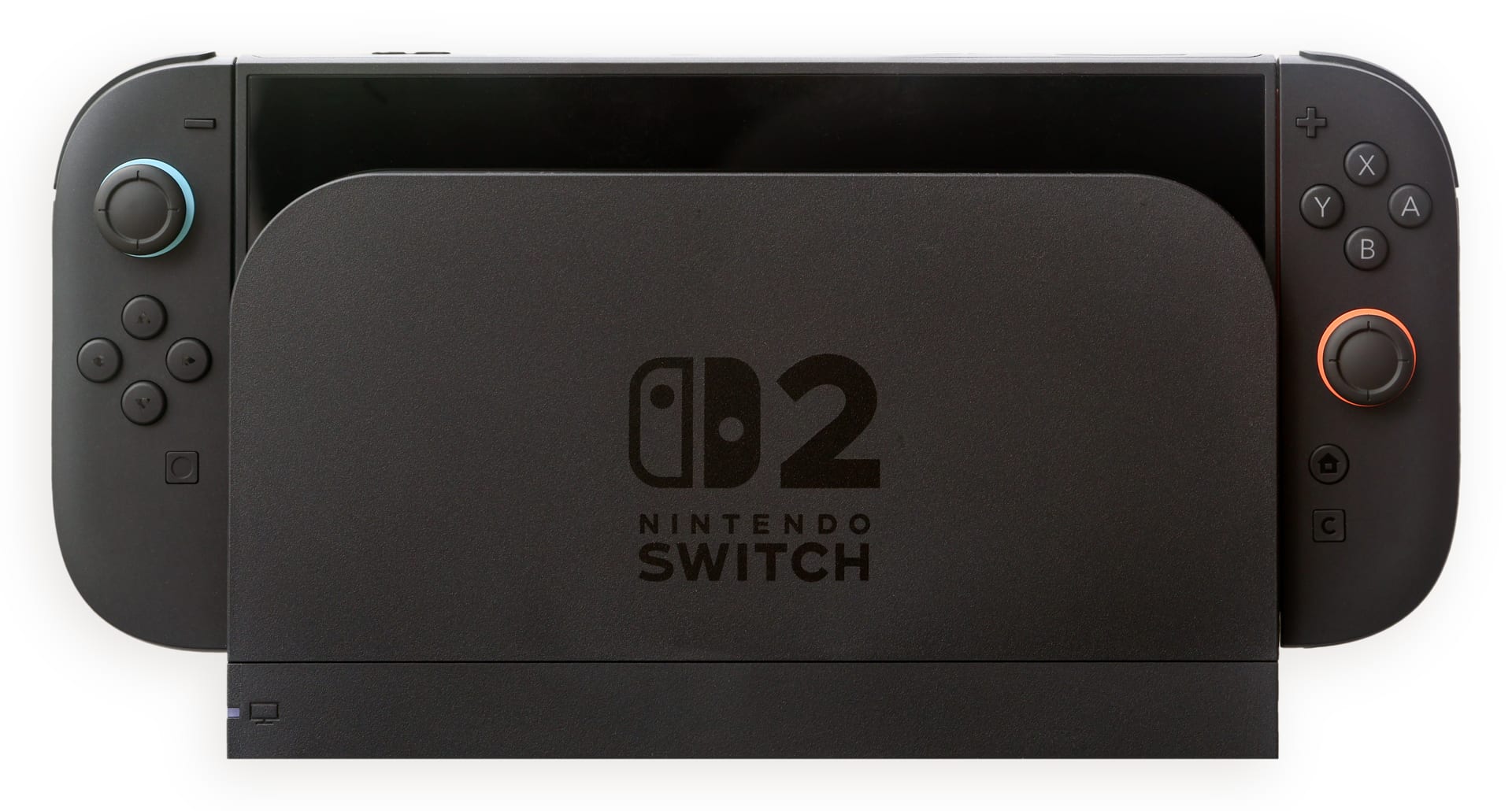 Consola Nintendo Switch 2 con los Joy-Con 2 negros acoplados a los lados, apoyada en su base con el logotipo de Switch 2.