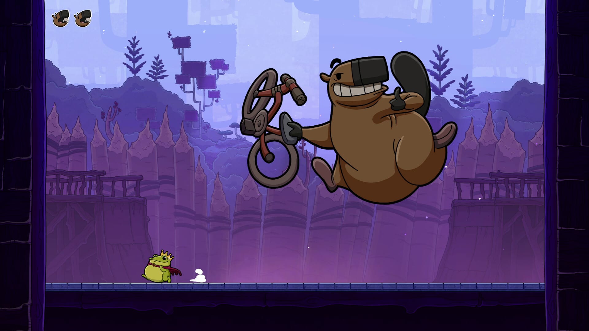 Captura de Croak: una rana en un escenario morado mientras un castor gordo vuela en el aire.