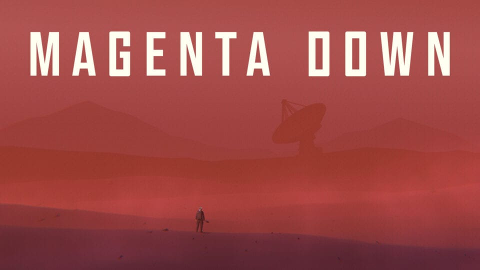 Título Magenta Down sobre un paisaje rojizo con una figura pequeña y una antena parabólica.