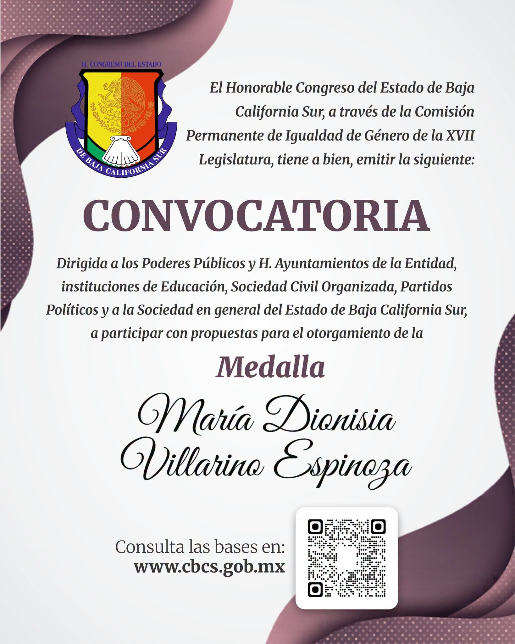 Cartel de la convocatoria del Congreso de Baja California Sur para la Medalla María Dionisia Villarino Espinoza, dirigida a poderes públicos, ayuntamientos, instituciones educativas, sociedad civil y partidos, con un código QR a las bases en cbcs.gob.mx.