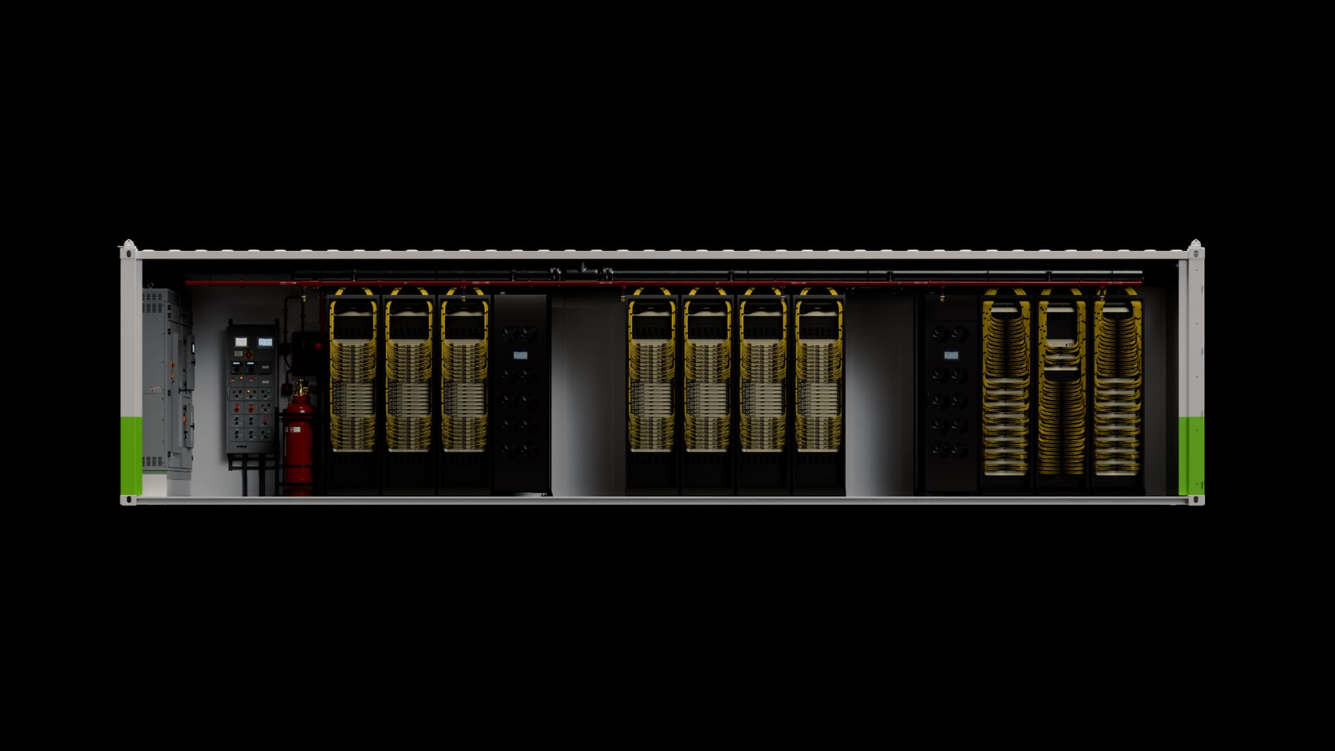Corte lateral de un contenedor modular con racks de servidores, cableado amarillo, tablero eléctrico y extintor.