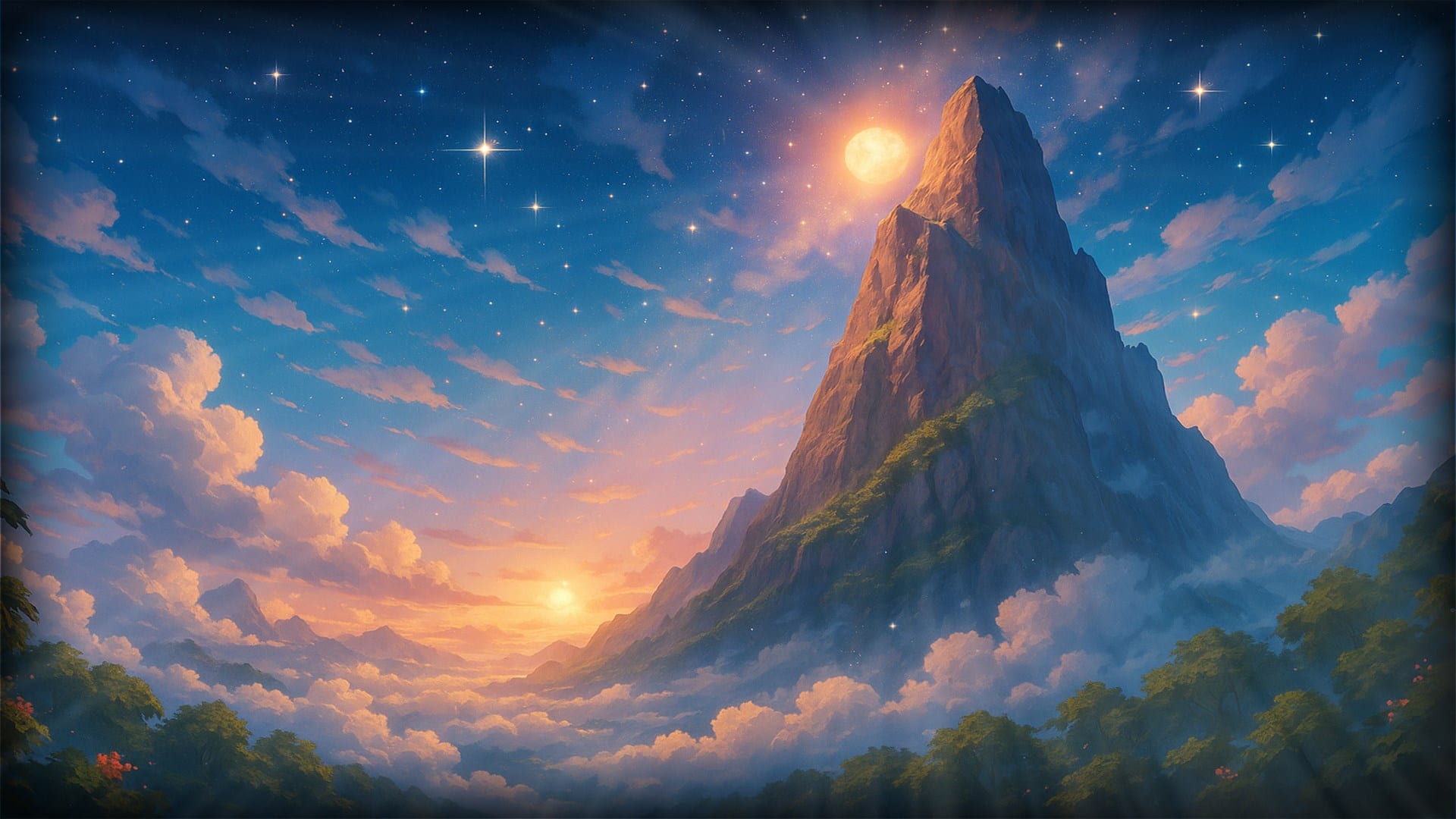 Una montaña rocosa iluminada por la luna y rodeada de estrellas, con nubes y árboles al pie.