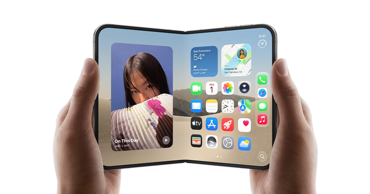 Two hands hold an open iPhone Duo, its inner screen showing widgets and apps.