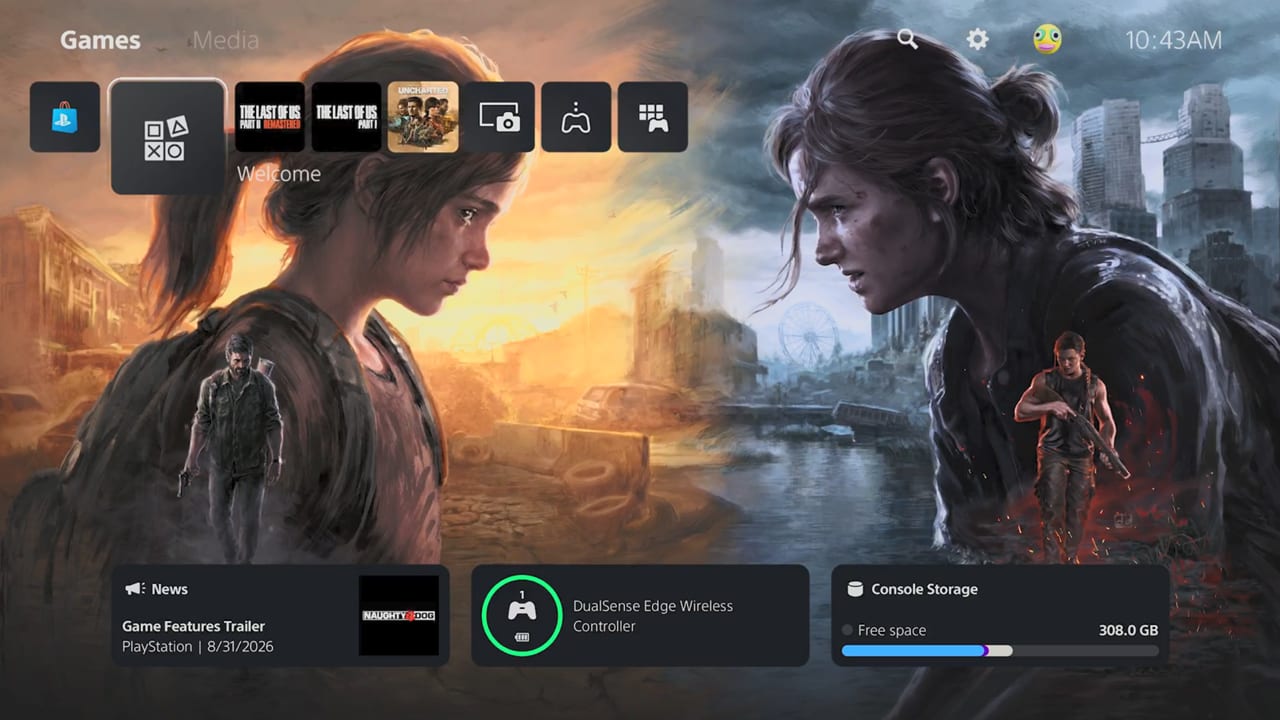 Fondo del menú de PS5 con dos versiones de Ellie, junto a Joel de un lado y Abby del otro, sobre paisajes urbanos en ruinas.