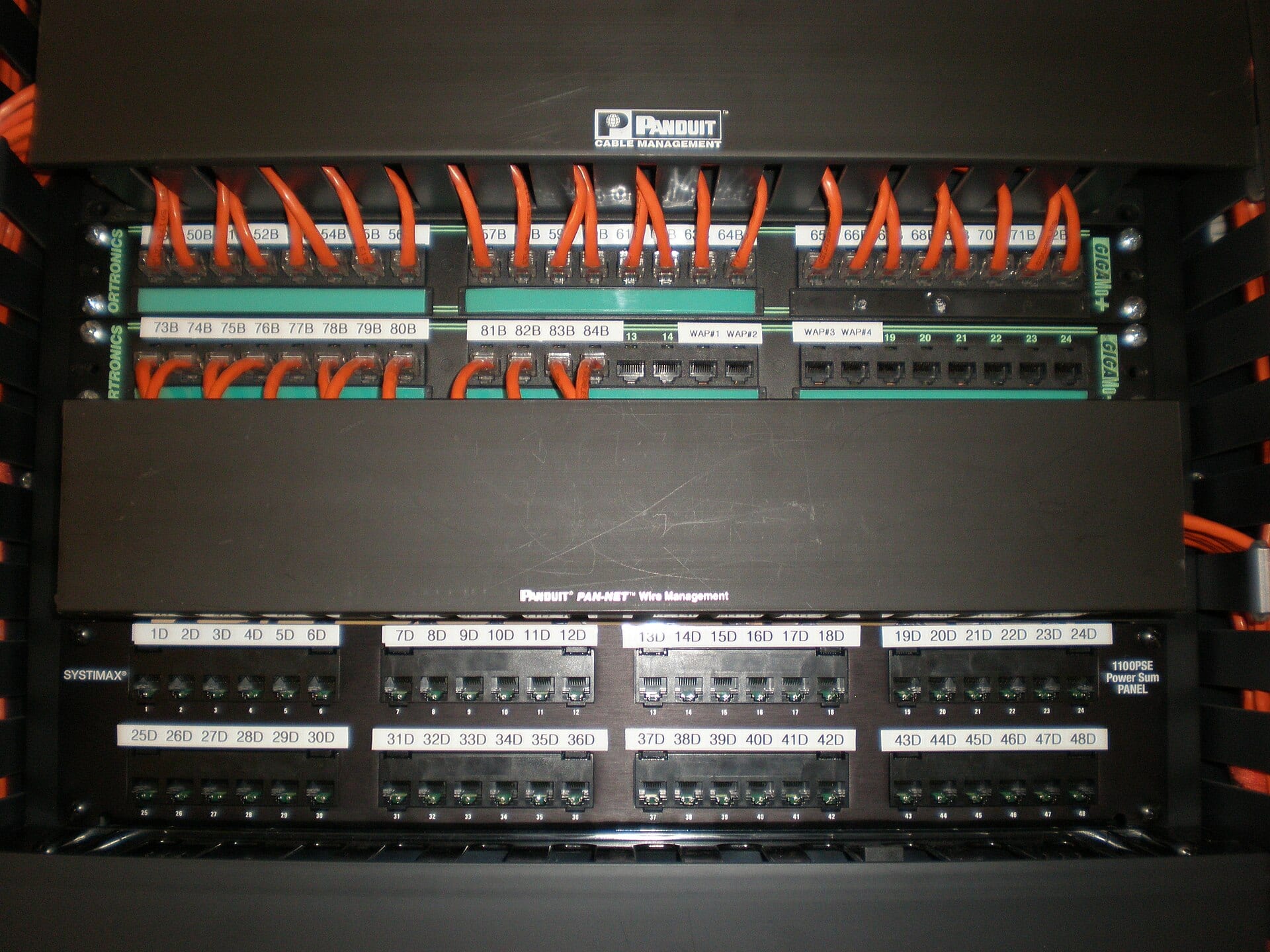 Two network patch panels with orange cables plugged in, mounted in a rack.