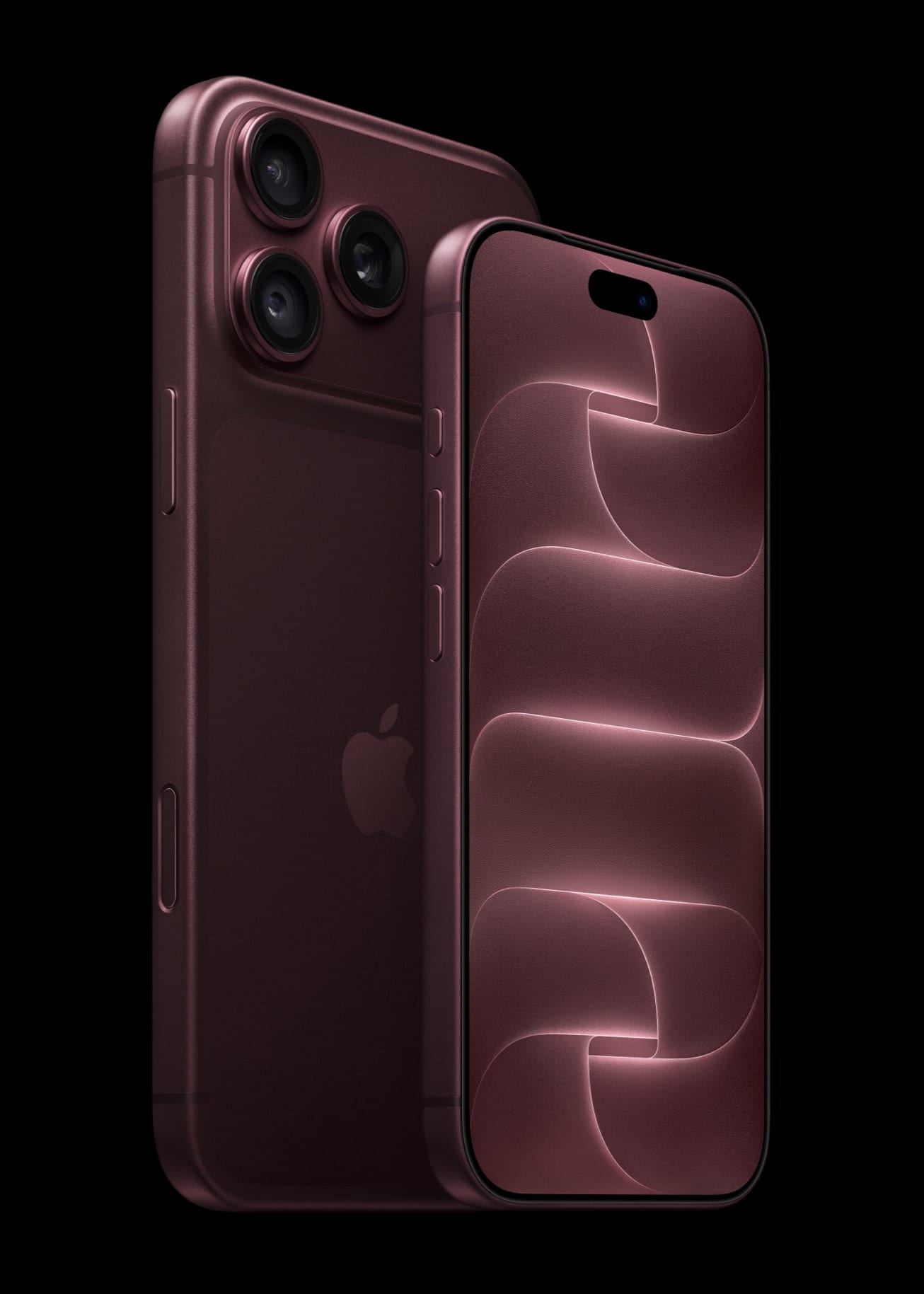 Two burgundy iPhone 18 Pro phones on a black background, one seen from the back with three cameras and one from the front with a wave-pattern wallpaper.