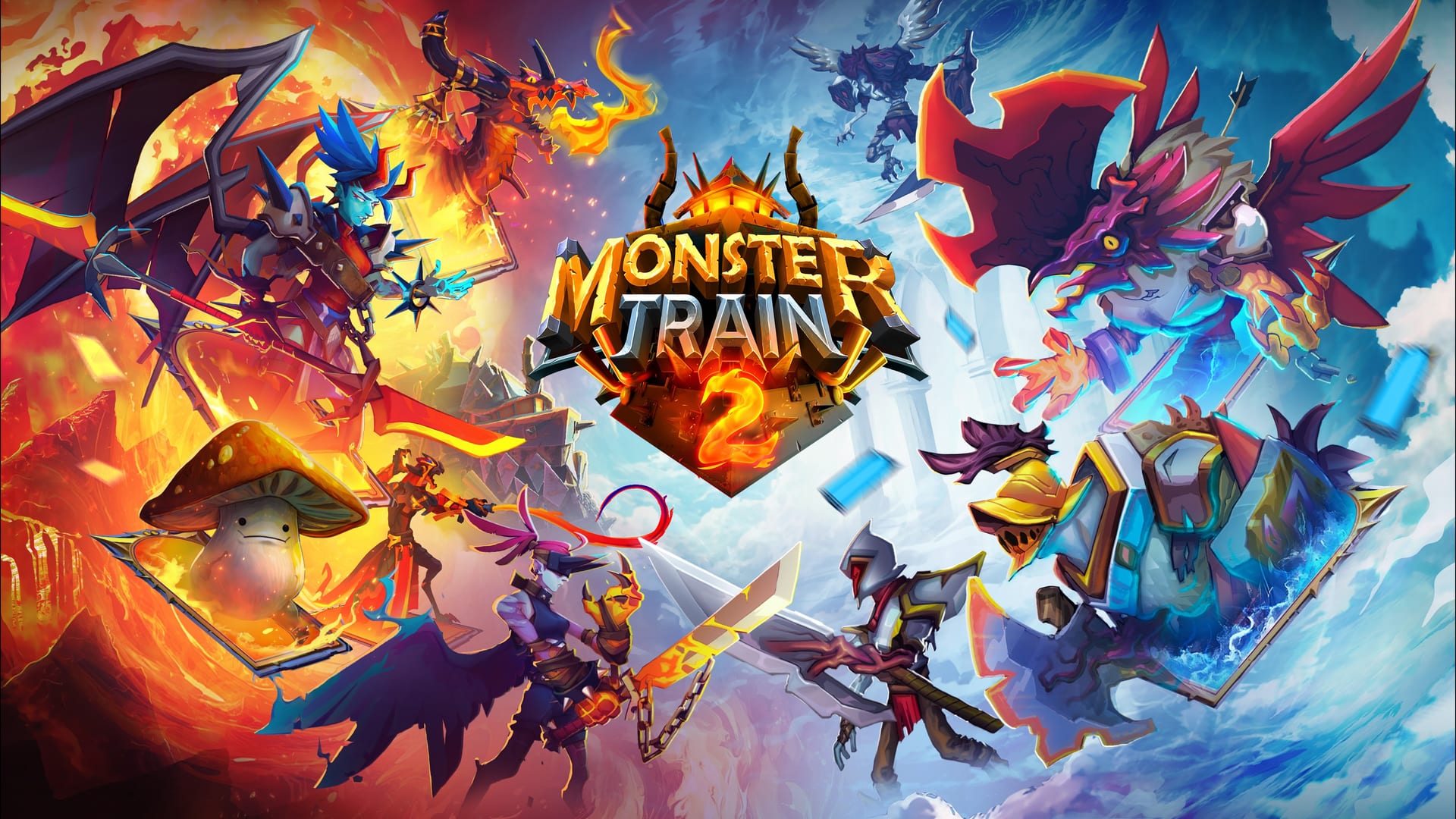 Arte de Monster Train 2 con el logotipo al centro, demonios y fuego a la izquierda y ángeles y nubes a la derecha.