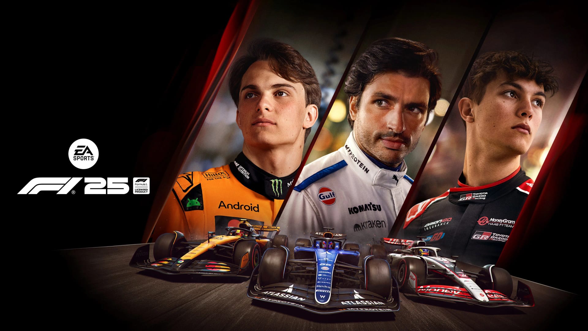 Arte de F1 25 con tres pilotos de Fórmula 1 en retratos diagonales, naranja, blanco y negro, y sus monoplazas al frente sobre fondo oscuro.