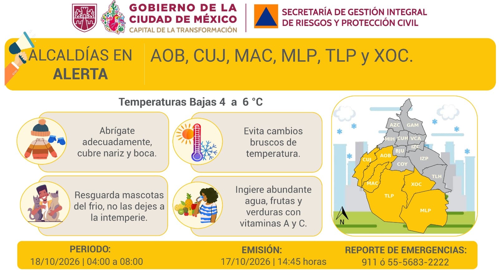 Infografía amarilla con el mapa de la Ciudad de México y seis alcaldías resaltadas, la cifra de 4 a 6 grados y cuatro consejos para el frío.