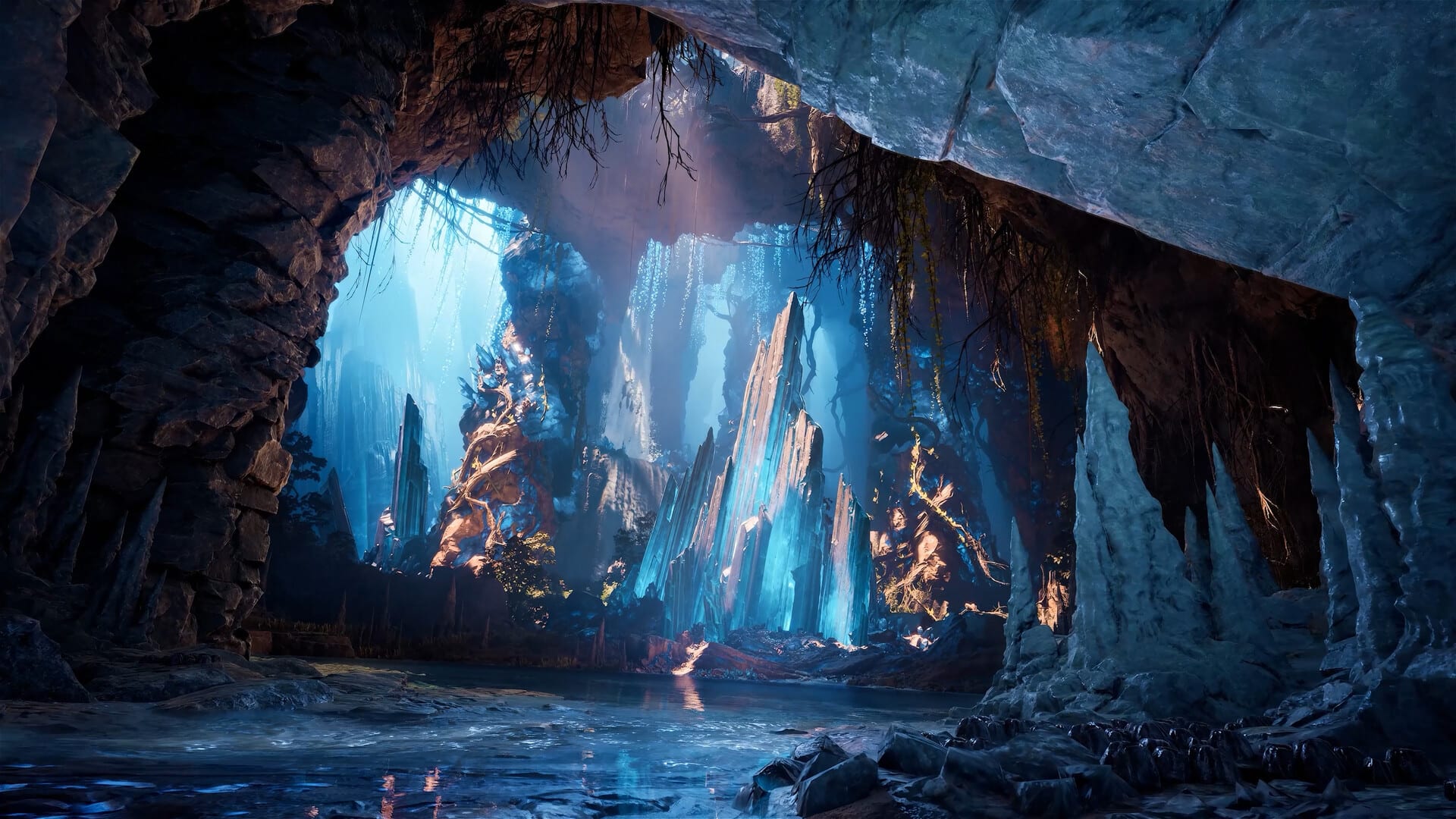Glowing blue crystals rise beside a stream inside a cave, under roots hanging from the ceiling.