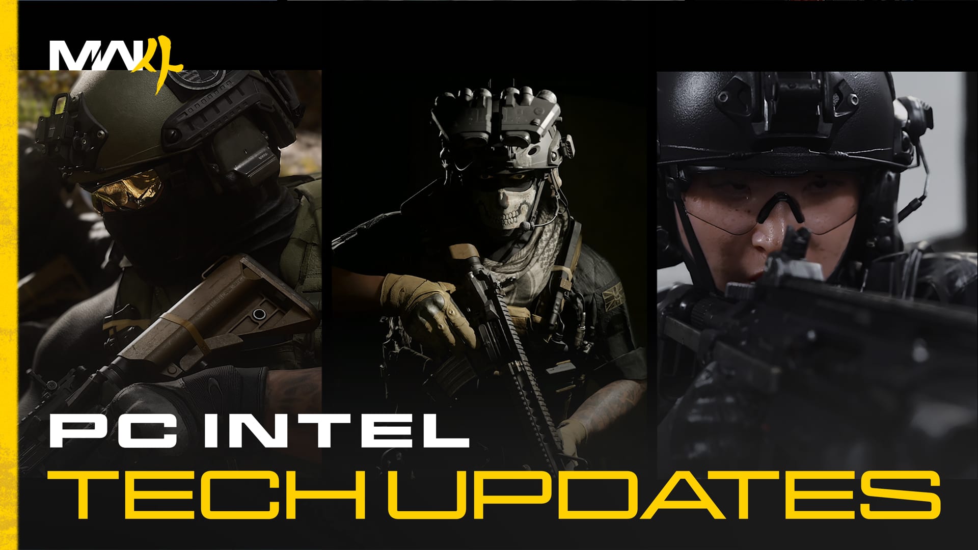 Tres operadores con casco y equipo táctico, uno con máscara de calavera, sobre fondo negro con el texto PC Intel Tech Updates en blanco y amarillo.