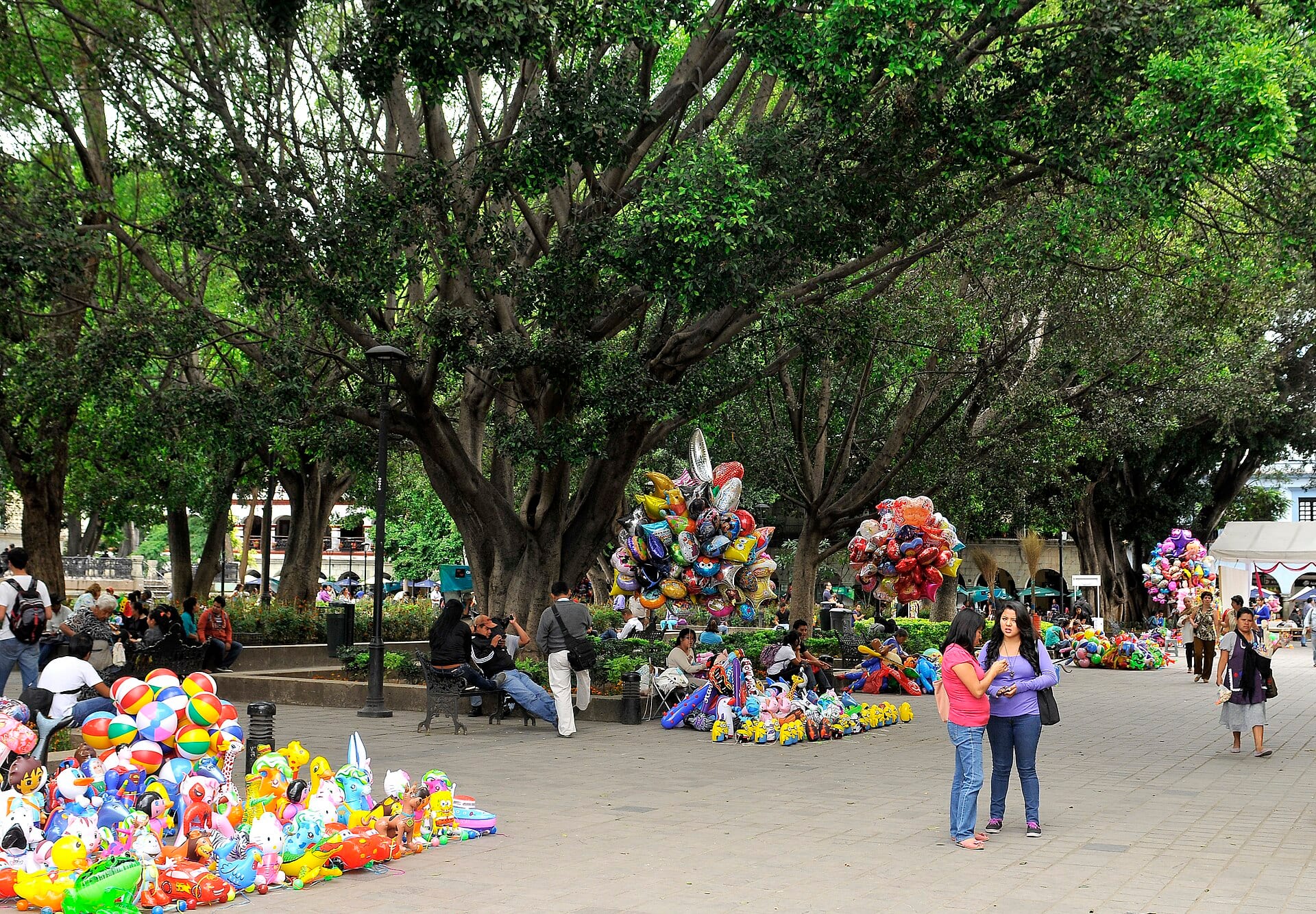 Andador del Zócalo de Oaxaca de Juárez bajo grandes árboles, con vendedores de globos y juguetes y personas caminando.