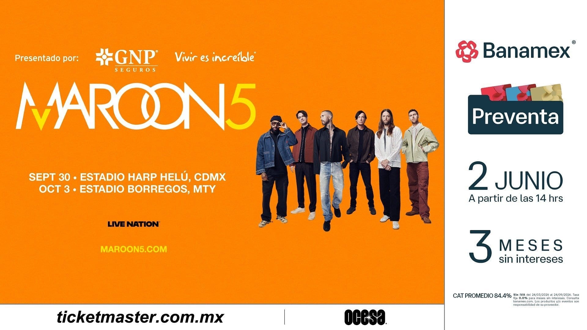 Cartel naranja con el nombre Maroon 5 y seis integrantes de pie al frente, con las fechas de Ciudad de México y Monterrey.