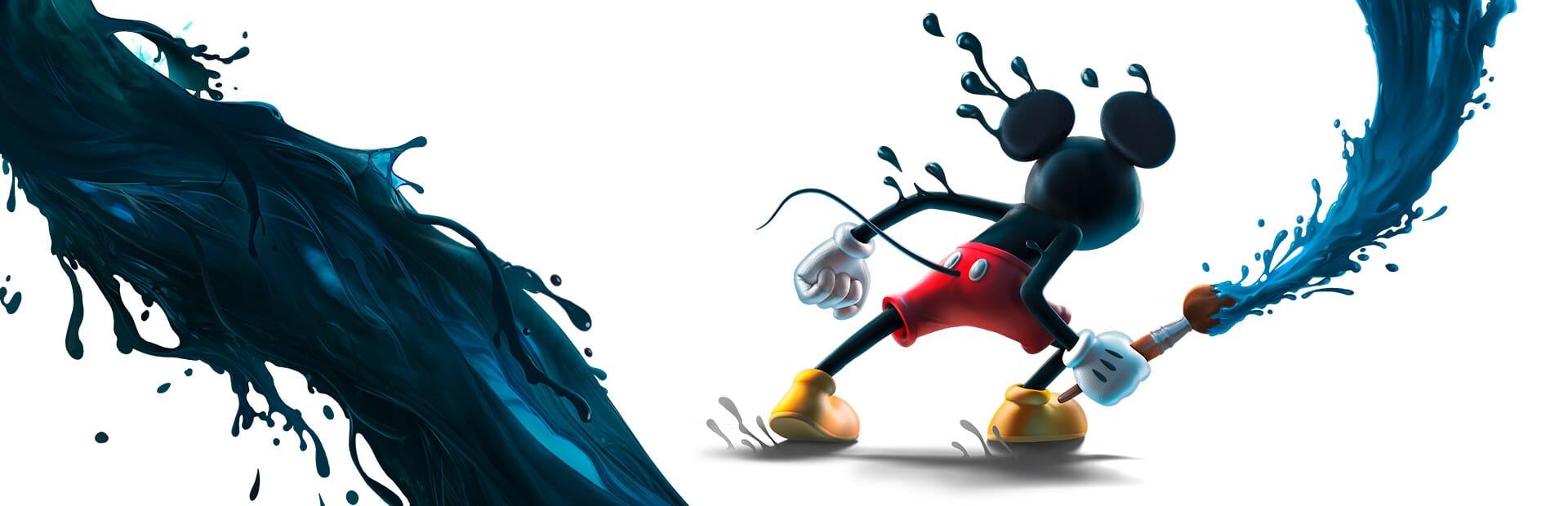 Mickey Mouse seen from behind, holding a paintbrush that flings a stream of blue paint, beside a dark splash of ink on a white background.