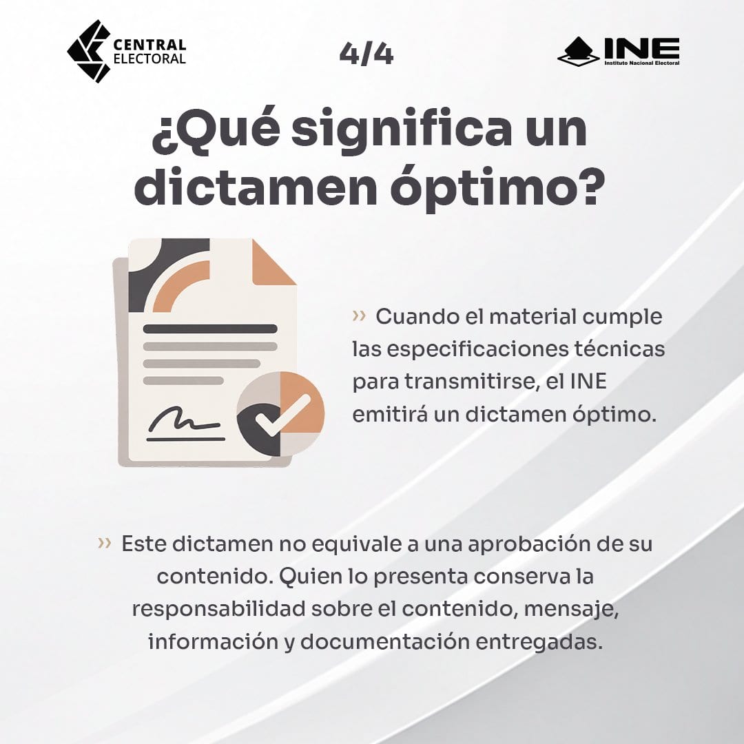 Lámina del INE titulada "¿Qué significa un dictamen óptimo?", que aclara que el dictamen no equivale a una aprobación del contenido.