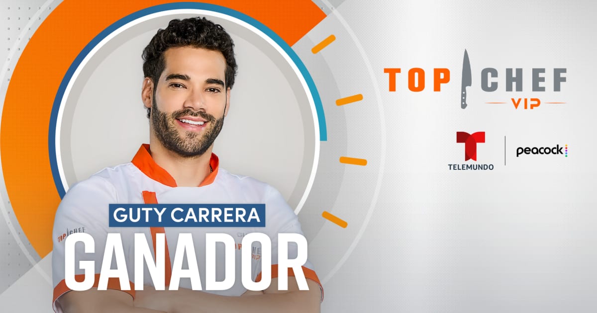 Guty Carrera con filipina blanca y naranja, junto al letrero Ganador y el logotipo de Top Chef VIP, Telemundo y Peacock.